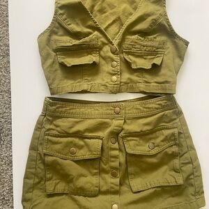 Olive Green Button-Up Vest and Skirt Set